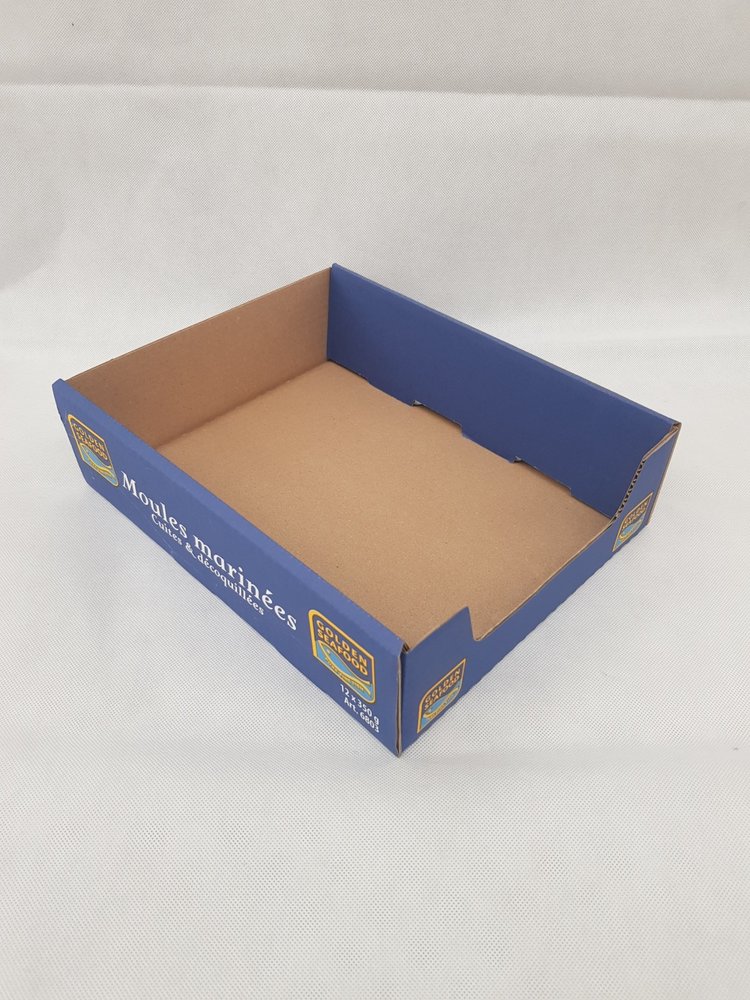 Emtrade (Nieuw) Vouw Tray / Bakje  292x220x80 mm Karton Bruin Blauw Bedrukt (TR080) Ongevouwen Nieuw