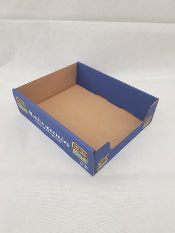 Emtrade (Nieuw) Vouw Tray / Bakje  292x220x80 mm Karton Bruin Blauw Bedrukt (TR080) Ongevouwen Nieuw