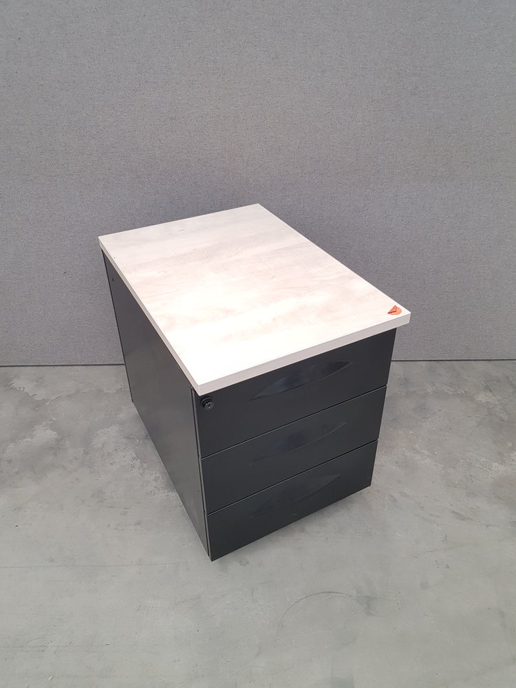 Ladenblok 60x42x57 cm, zonder sleutel, eiken/zwart, 3 laden, gebruikt