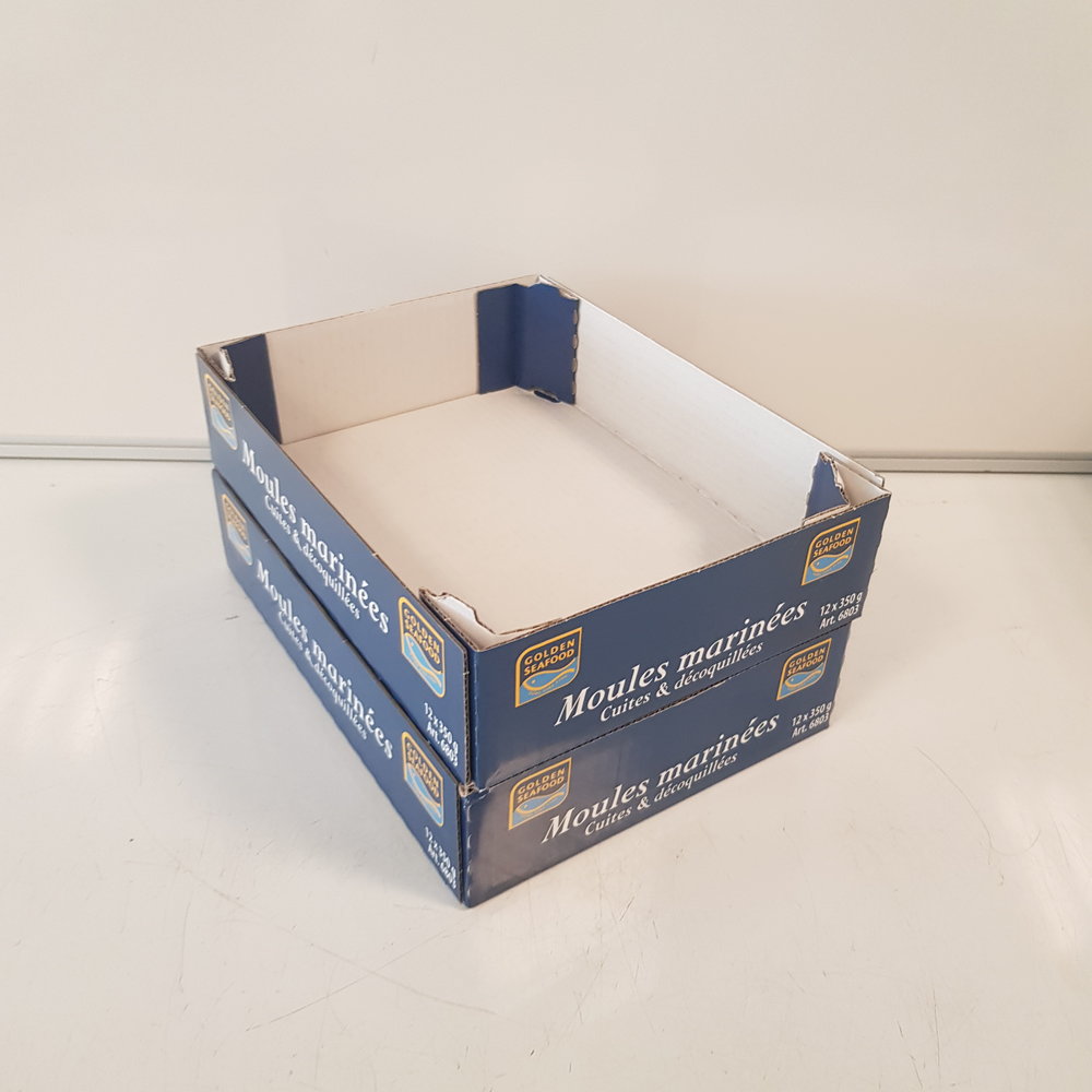 Vouw Tray / Bakje  292x210x70 mm Karton Bruin Blauw Bedrukt Nieuw