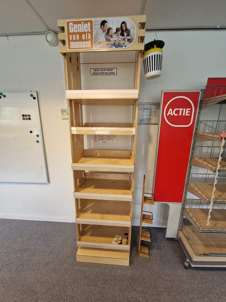 Houten display/rek met 6 legborden/-bakken, nieuw Houten display/rek met 6 legborden/-bakken, nieuw