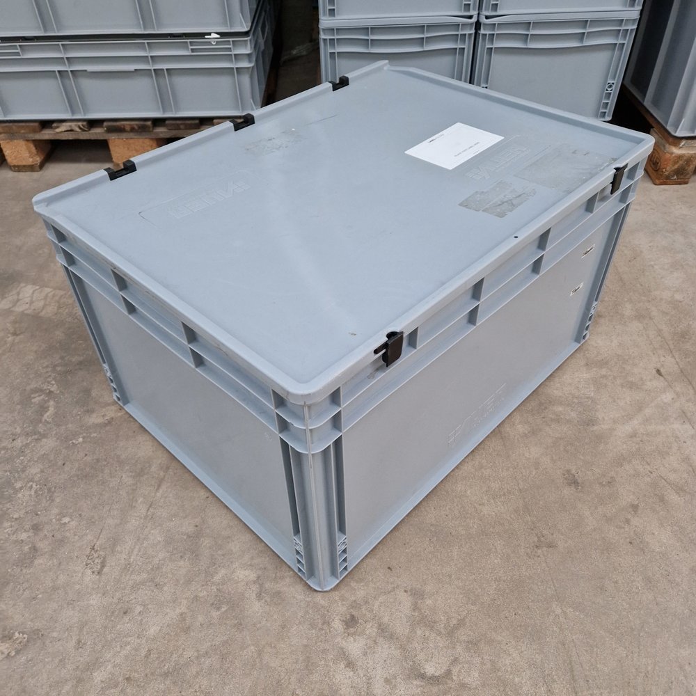 Emtrade 80x60x42 euronorm stapelbak met deksel, grijs, gebruikt