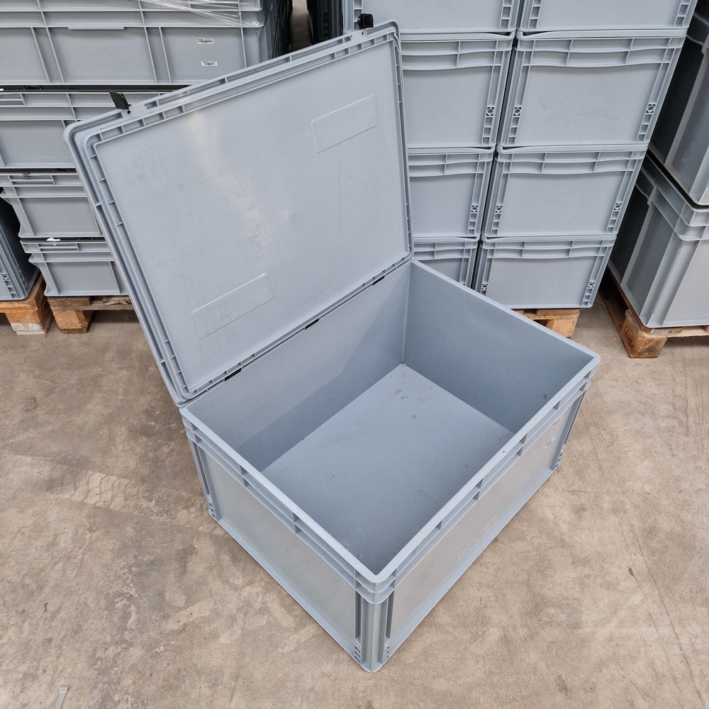 Emtrade 80x60x42 euronorm stapelbak met deksel, grijs, gebruikt