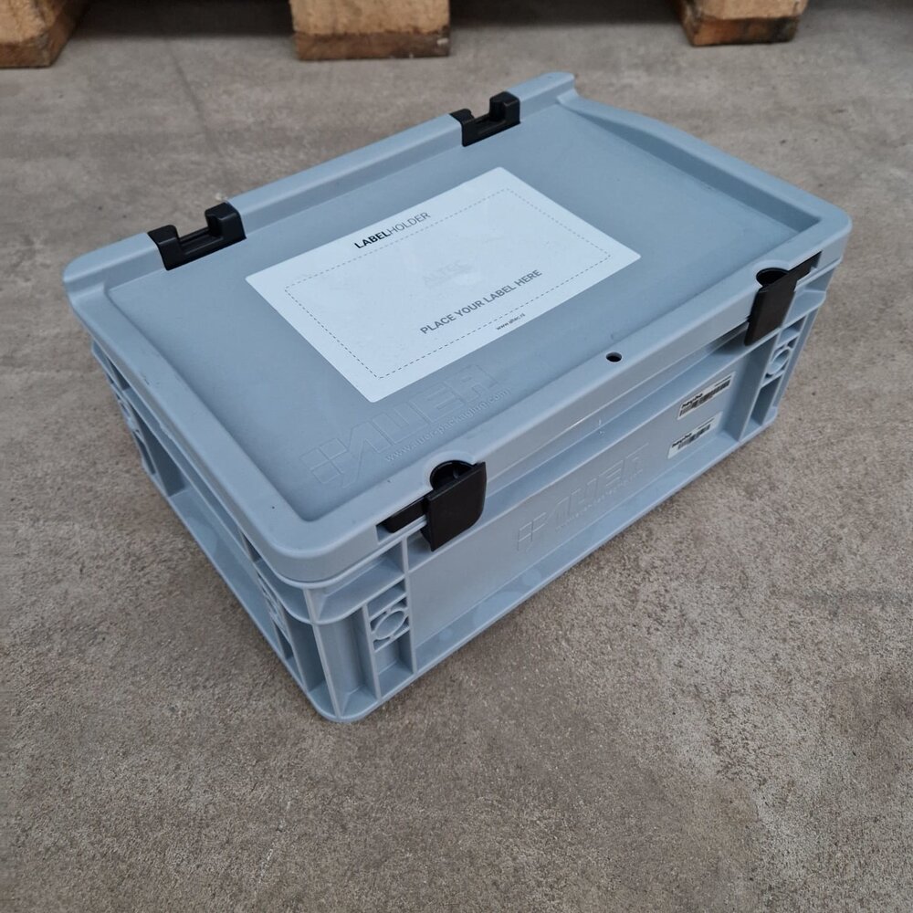 Auer Stapelbak met deksel, 300x200x120 mm, euronorm, grijs kunststof, gebruikt