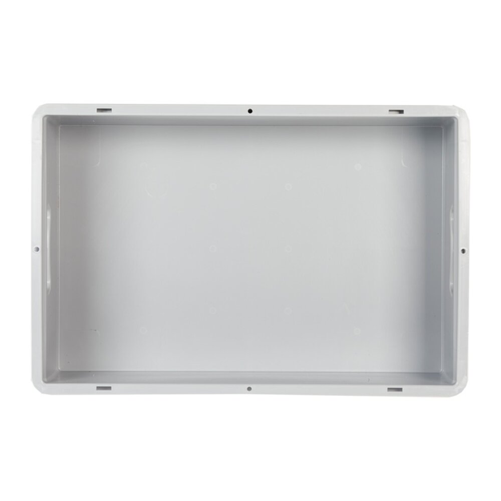 Kunststof bak 600x400x75mm met scharnierdeksel en sluiting, grijs, gesloten, gebruikt Kunststof bak 600x400x75mm met scharnierdeksel en sluiting, grijs, gesloten, gebruikt