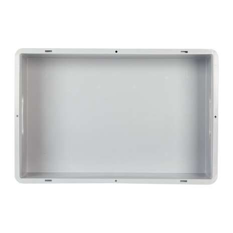 Kunststof bak 600x400x75mm met scharnierdeksel en sluiting, grijs, gesloten, gebruikt Kunststof bak 600x400x75mm met scharnierdeksel en sluiting, grijs, gesloten, gebruikt