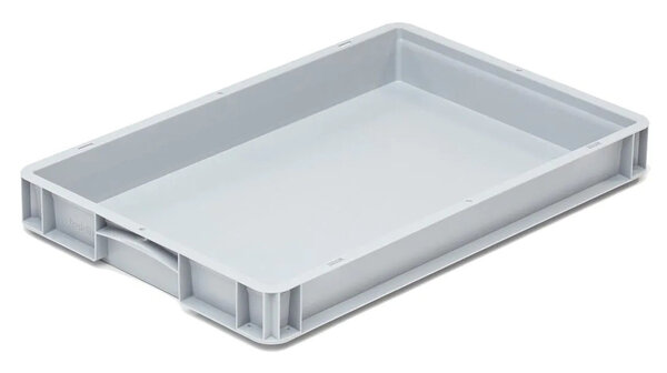 Kunststof bak 600x400x75mm met scharnierdeksel en sluiting, grijs, gesloten, gebruikt Kunststof bak 600x400x75mm met scharnierdeksel en sluiting, grijs, gesloten, gebruikt