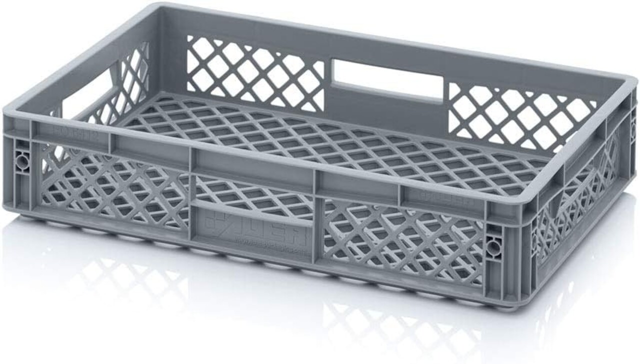 Auer Kunststof stapelkrat 60x40x12 grijs, PP, geperforeerd, gebruikt Auer Kunststof stapelkrat 60x40x12 grijs, PP, geperforeerd, gebruikt