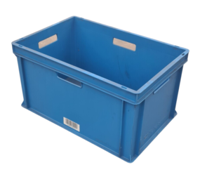 Emtrade 60x40x32 kunststof bak, blauw, PP, open handgrepen korte en lange zijde, vlakke bodem, gebruikt