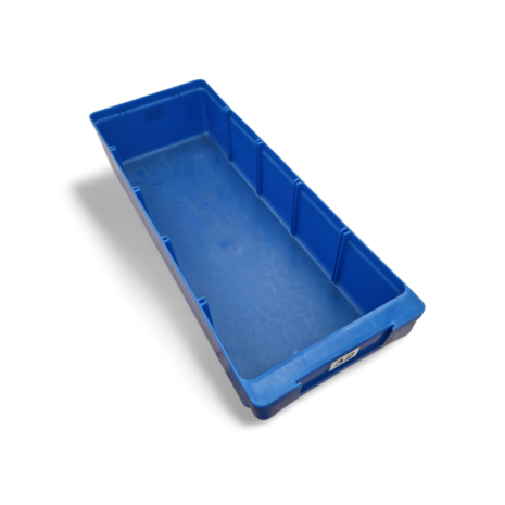 Stellingbak, 400x150x80 mm, blauw kunststof, gebruikt