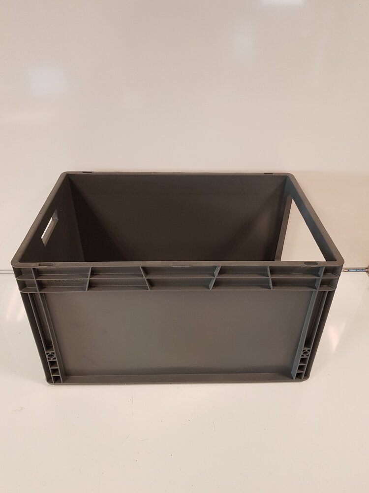Magazijnbak, 600x400x280 mm, euronorm, grijs kunststof, nieuw