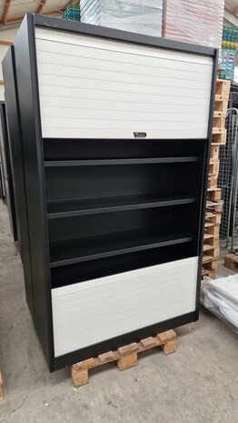 BULO Roldeurkast 198x120x46 cm, incl. 5 legborden, Vert. deur, zwart/wit, gebruikt BULO Roldeurkast 198x120x46 cm, incl. 5 legborden, Vert. deur, zwart/wit, gebruikt