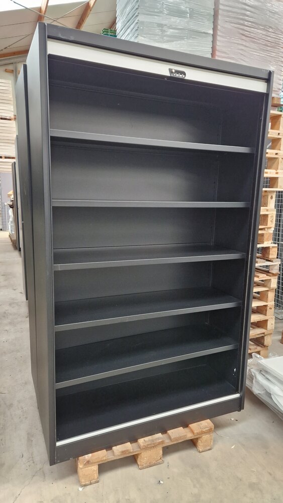 BULO Roldeurkast 198x120x46 cm, incl. 5 legborden, Vert. deur, zwart/wit, gebruikt BULO Roldeurkast 198x120x46 cm, incl. 5 legborden, Vert. deur, zwart/wit, gebruikt