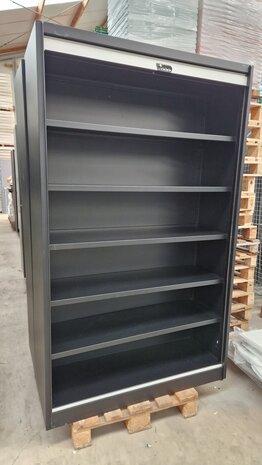 BULO Roldeurkast 198x120x46 cm, incl. 5 legborden, Vert. deur, zwart/wit, gebruikt BULO Roldeurkast 198x120x46 cm, incl. 5 legborden, Vert. deur, zwart/wit, gebruikt