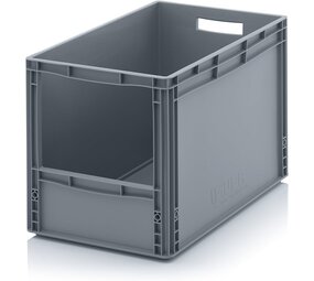 Auer Magazijnbak euronorm 600x400x420mm met grijpopening, stapelbaar, grijs, gebruikt Auer Magazijnbak euronorm 600x400x420mm met grijpopening, stapelbaar, grijs, gebruikt