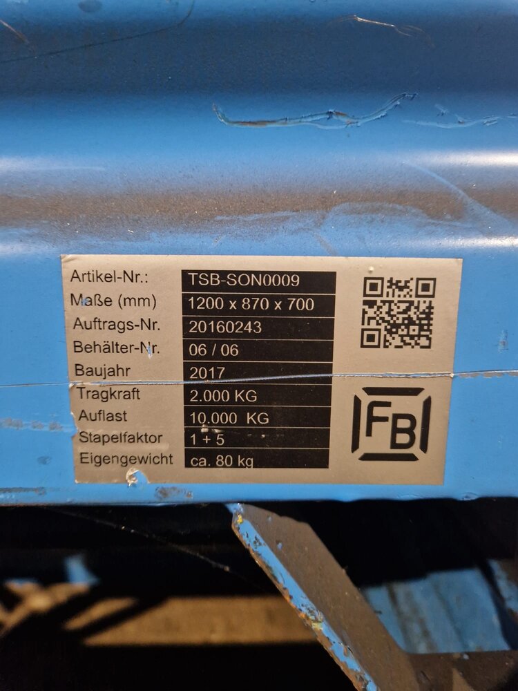 Stapelbak staal 1200x870xH710 mm, 4 wanden, 2 kleppen korte zijde, gebruikt