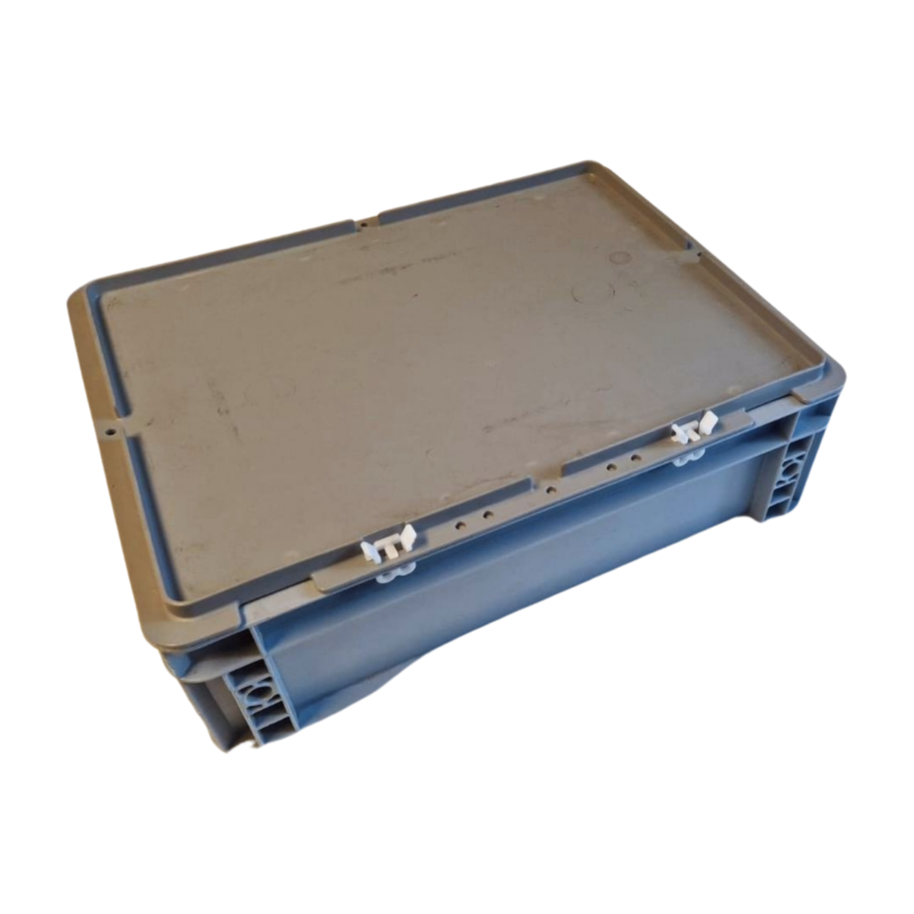 Emtrade Stapelbak 400x300x120mm met afsluitbare deksel gesloten grijs, gebruikt Emtrade Stapelbak 400x300x120mm met afsluitbare deksel gesloten grijs, gebruikt