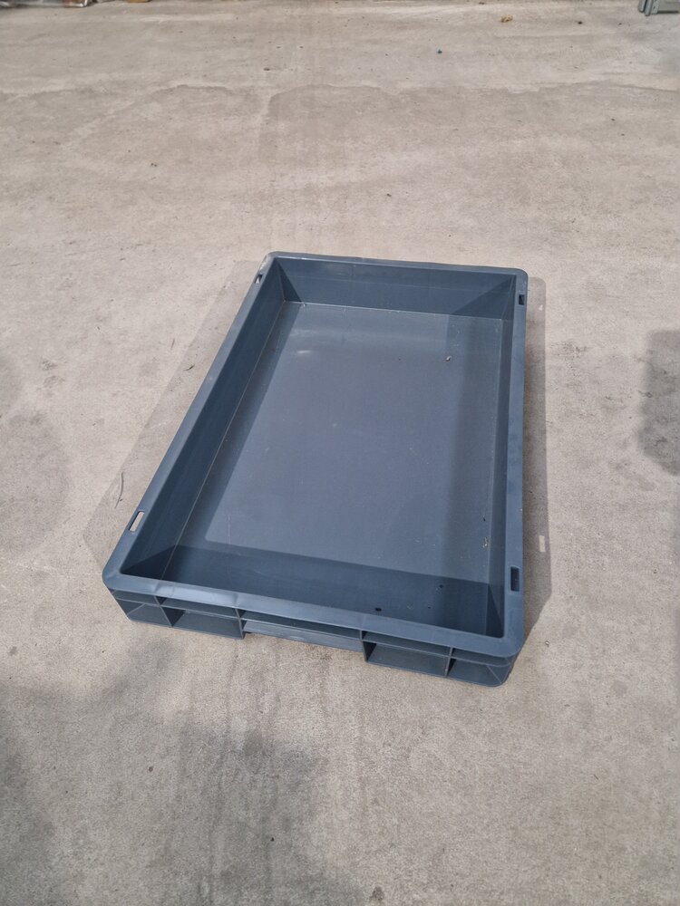 Emtrade Kunststof stapelbak 600x400x80mm grijs, PP, gesloten, vlakke bodem, gebruikt Emtrade Kunststof stapelbak 600x400x80mm grijs, PP, gesloten, vlakke bodem, gebruikt