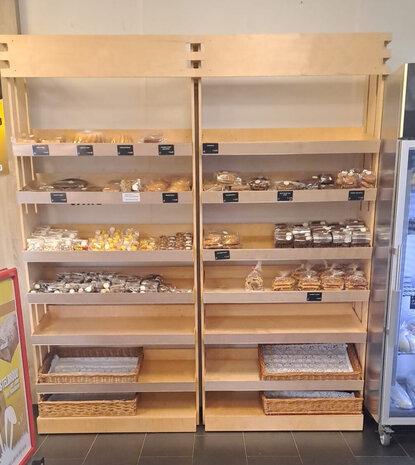 Houten display/rek met 6 legborden/-bakken, nieuw Houten display/rek met 6 legborden/-bakken, nieuw