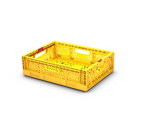 Emtrade Klapkrat, 400x300x110 mm, geel kunststof, gebruikt Emtrade Klapkrat, 400x300x110 mm, geel kunststof, gebruikt