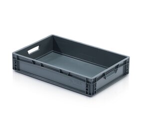 Emtrade Stapelbak 600x400x120mm, grijs, vlakke bodem, open handgreep, nieuw