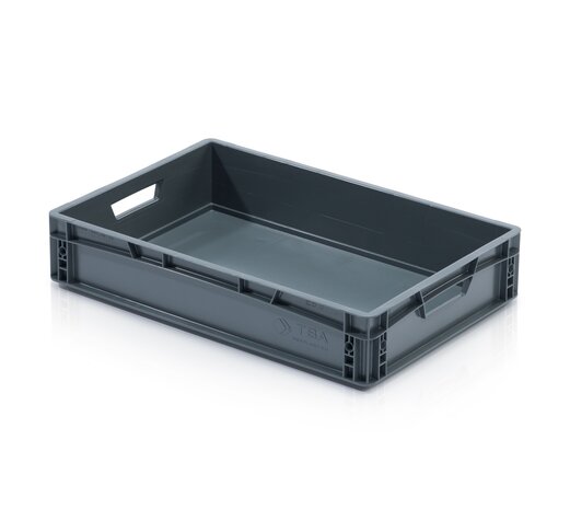 Emtrade Stapelbak 600x400x120mm, grijs, vlakke bodem, open handgreep, nieuw