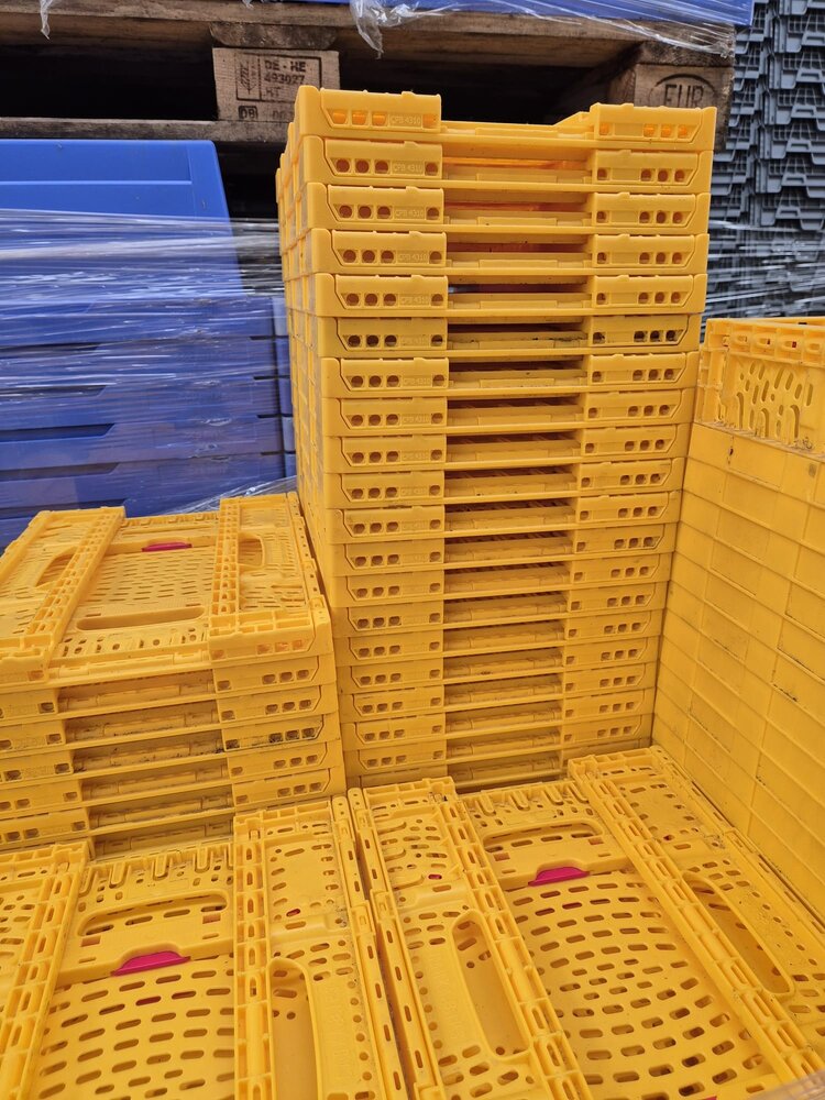 Emtrade Vouwkrat 400x300x110mm, geel, geperforeerd, gebruikt