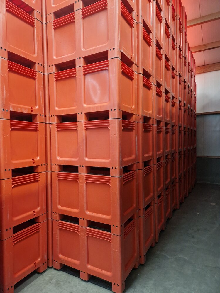 Geobox Palletbox 1000x600x662mm 260 liter, gesloten, oranje, 2 sledes, gebruikt