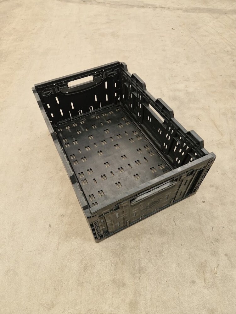 Polymer logistics Klapkrat Kunststof 600x400x233, zwart, geperforeerd, gebruikt