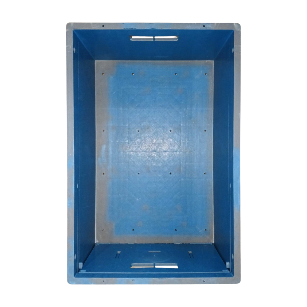 UTZ Stapelbak 600x400x260 mm met grijpopening inklapbaar, PP, gesloten wanden, afwateringsgaten, blauw, gebruikt