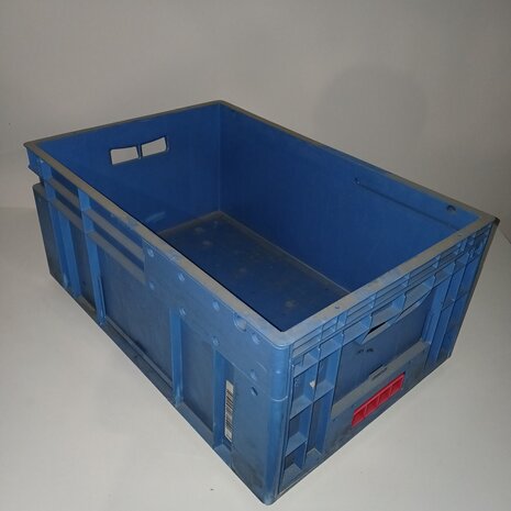 UTZ Stapelbak 600x400x260 mm met grijpopening inklapbaar, PP, gesloten wanden, afwateringsgaten, blauw, gebruikt