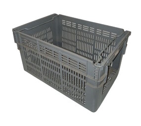 Curtec Magazijnbak 600x400x300 mm, nestbaar, geperforeerd, PE, grijs, gebruikt