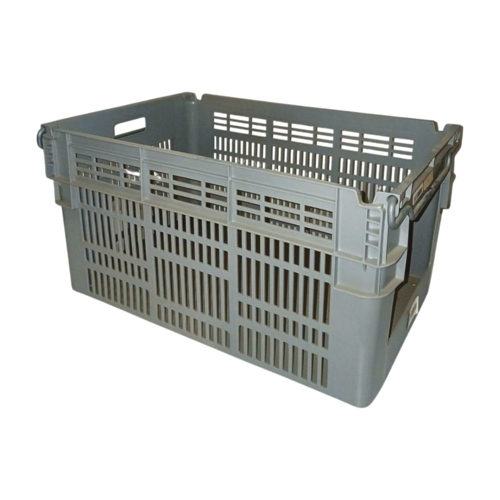 Curtec Magazijnbak met Grijpopening, 600x400x300mm, Nestbaar, Geperforeerde Zijwanden, PE, Grijs, Gebruikt