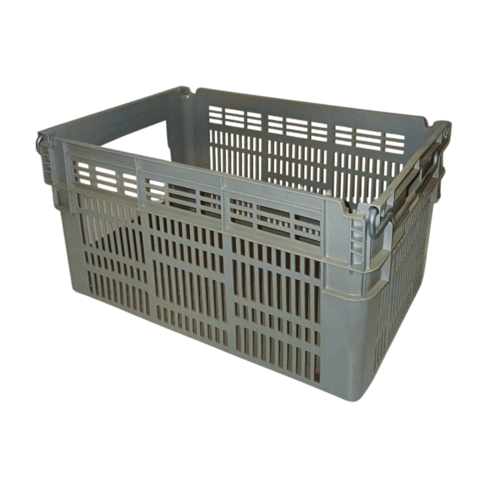 Curtec Magazijnbak met Grijpopening, 600x400x300mm, Nestbaar, Geperforeerde Zijwanden, PE, Grijs, Gebruikt