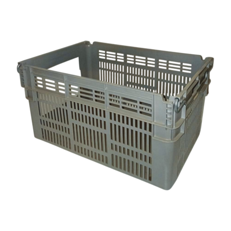 Curtec Magazijnbak met Grijpopening, 600x400x300mm, Nestbaar, Geperforeerde Zijwanden, PE, Grijs, Gebruikt