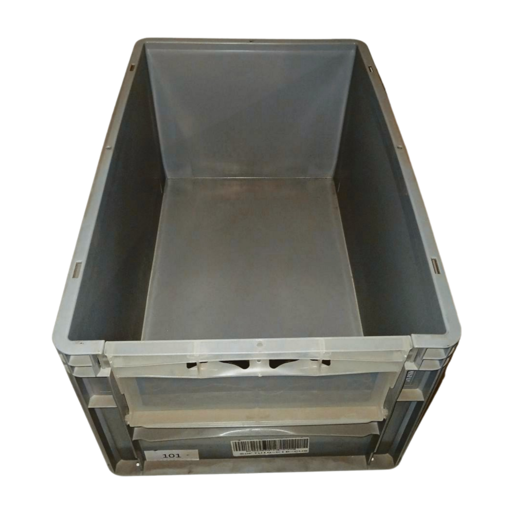 Emtrade Magazijnbak 600x400x320 mm, Met Luik/Klep, Grijs, Gebruikt Emtrade Magazijnbak 600x400x320 mm, Met Luik/Klep, Grijs, Gebruikt