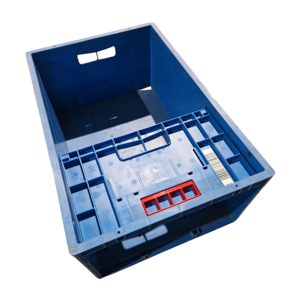 UTZ Stapelbak 600x400x260 mm met grijpopening inklapbaar, PP, gesloten wanden, afwateringsgaten, blauw, gebruikt