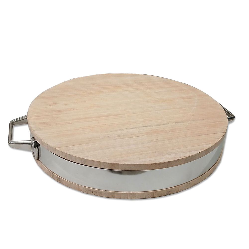 Emtrade Houten dienblad, rond, metalen handgrepen, extra stevig, Ø 37,5 x 6,5 cm, gebruikt