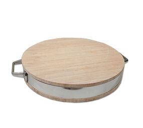 Emtrade Houten dienblad, rond, metalen handgrepen, extra stevig, Ø 37,5 x 6,5 cm, gebruikt