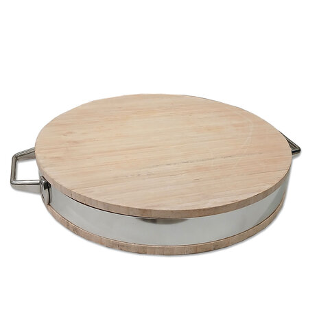 Emtrade Houten dienblad, rond, metalen handgrepen, extra stevig, Ø 37,5 x 6,5 cm, gebruikt
