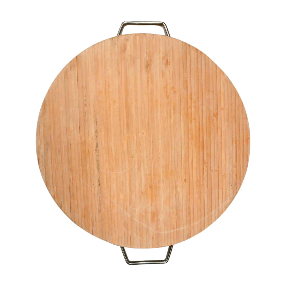 Emtrade Houten dienblad, rond, metalen handgrepen, extra stevig, Ø 37,5 x 6,5 cm, gebruikt