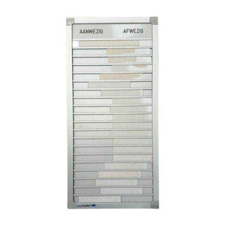 Aanwezigheidsbord aanwezig/afwezig, klein formaat, schuifkaartjes, 54×26 cm, gebruikt