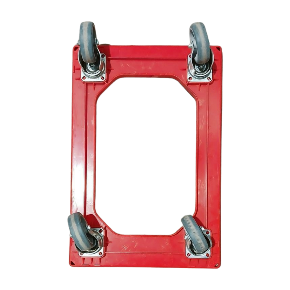 Kunststof dolly rood 610x410x170 mm, zwenkwielen, Euronorm 60x40, gebruikt