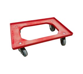 Kunststof dolly rood 610x410x170 mm, zwenkwielen, Euronorm 60x40, gebruikt
