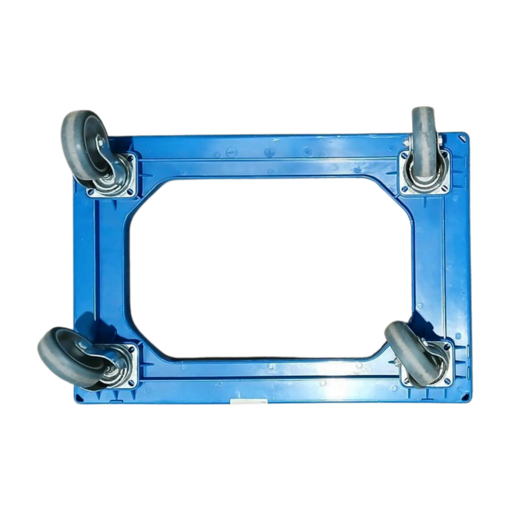 Emtrade Kunststof dolly blauw 610x410x170 mm, rubberen zwenkwielen, Euronorm 60x40, gebruikt