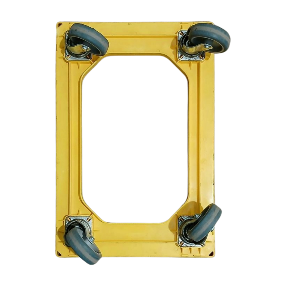 Emtrade Kunststof dolly geel 610x410x170 mm, rubberen zwenkwielen, Euronorm, gebruikt