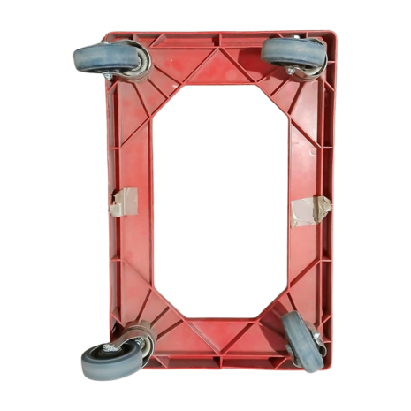 Kunststof dolly rood 610x410x170 mm, zwenkwielen, Euronorm 600x400mm, gebruikt