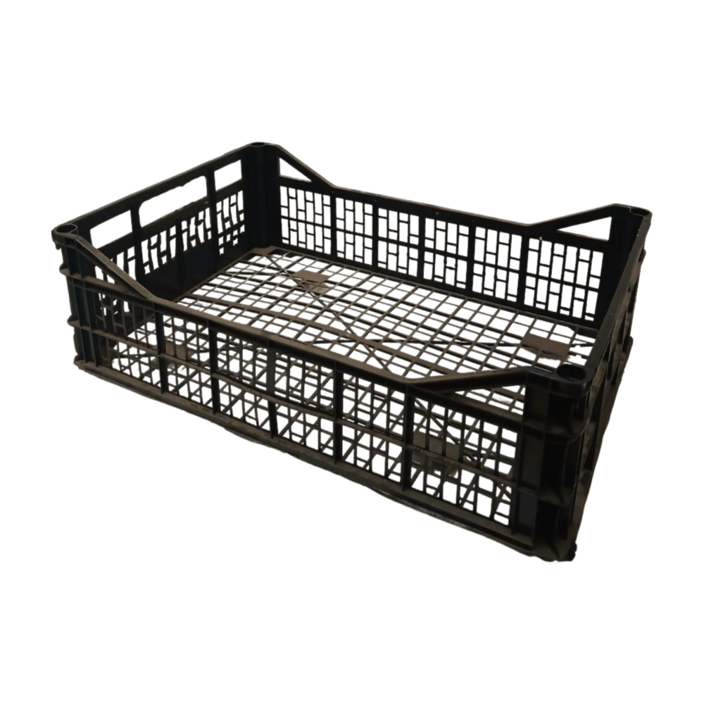 Kunststof Agrikrat, stapelbaar, 600x400x185 mm, geperforeerd, PP05 zwart, levensmiddelecht, gebruikt Kunststof Agrikrat, stapelbaar, 600x400x185 mm, geperforeerd, PP05 zwart, levensmiddelecht, gebruikt