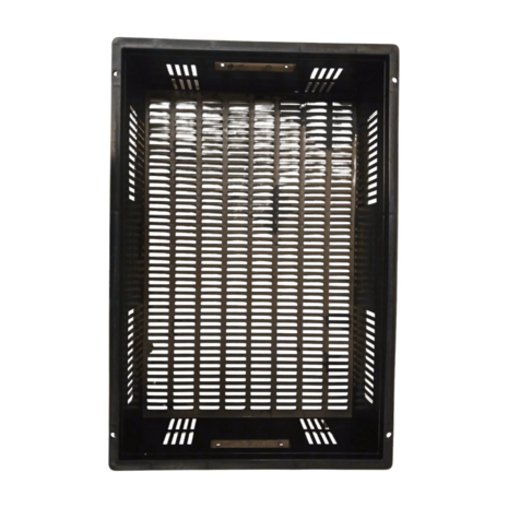 Krat 600x400x150 mm, Stapelbaar, Geperforeerd, PP05 Zwart, levensmiddelecht, gebruikt