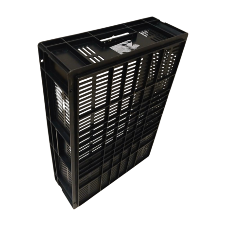 Krat 600x400x150 mm, Stapelbaar, Geperforeerd, PP05 Zwart, levensmiddelecht, gebruikt